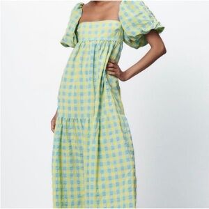 Zara blue and yellow gingham puff sleeve dress